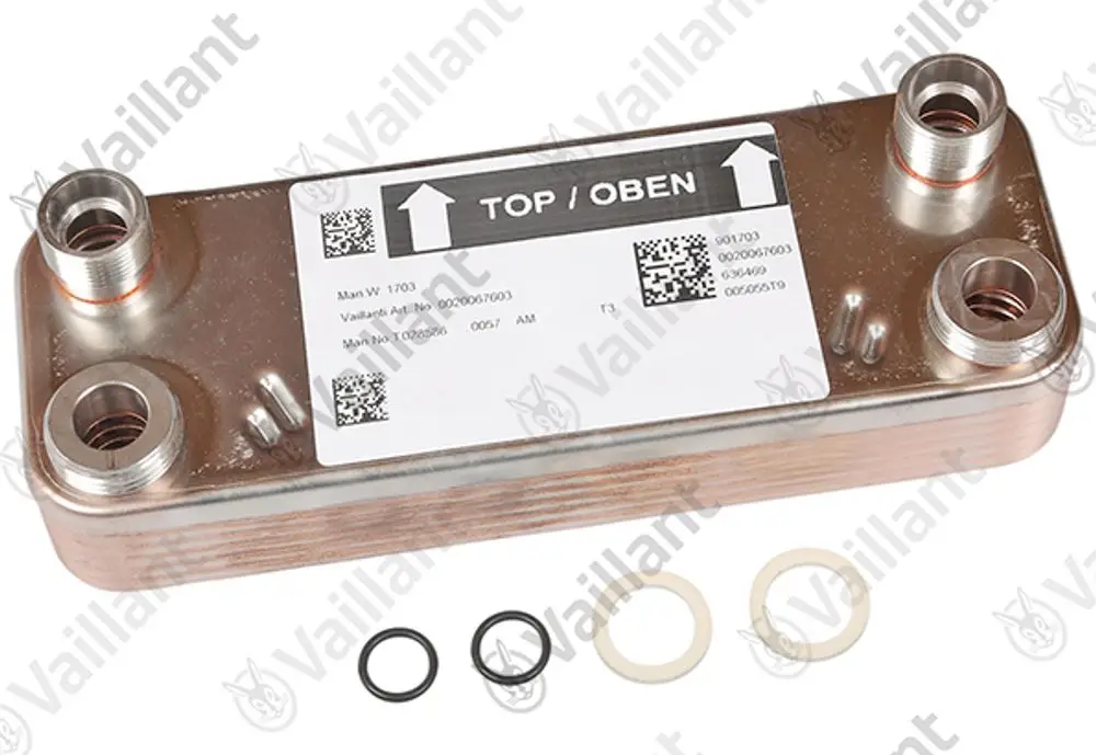 Vaillant Wärmetauscher mit mehreren Anschlüssen und zwei O-Ringen, beschriftet mit "TOP / OBEN" auf der Oberseite, aus Metall gefertigt.